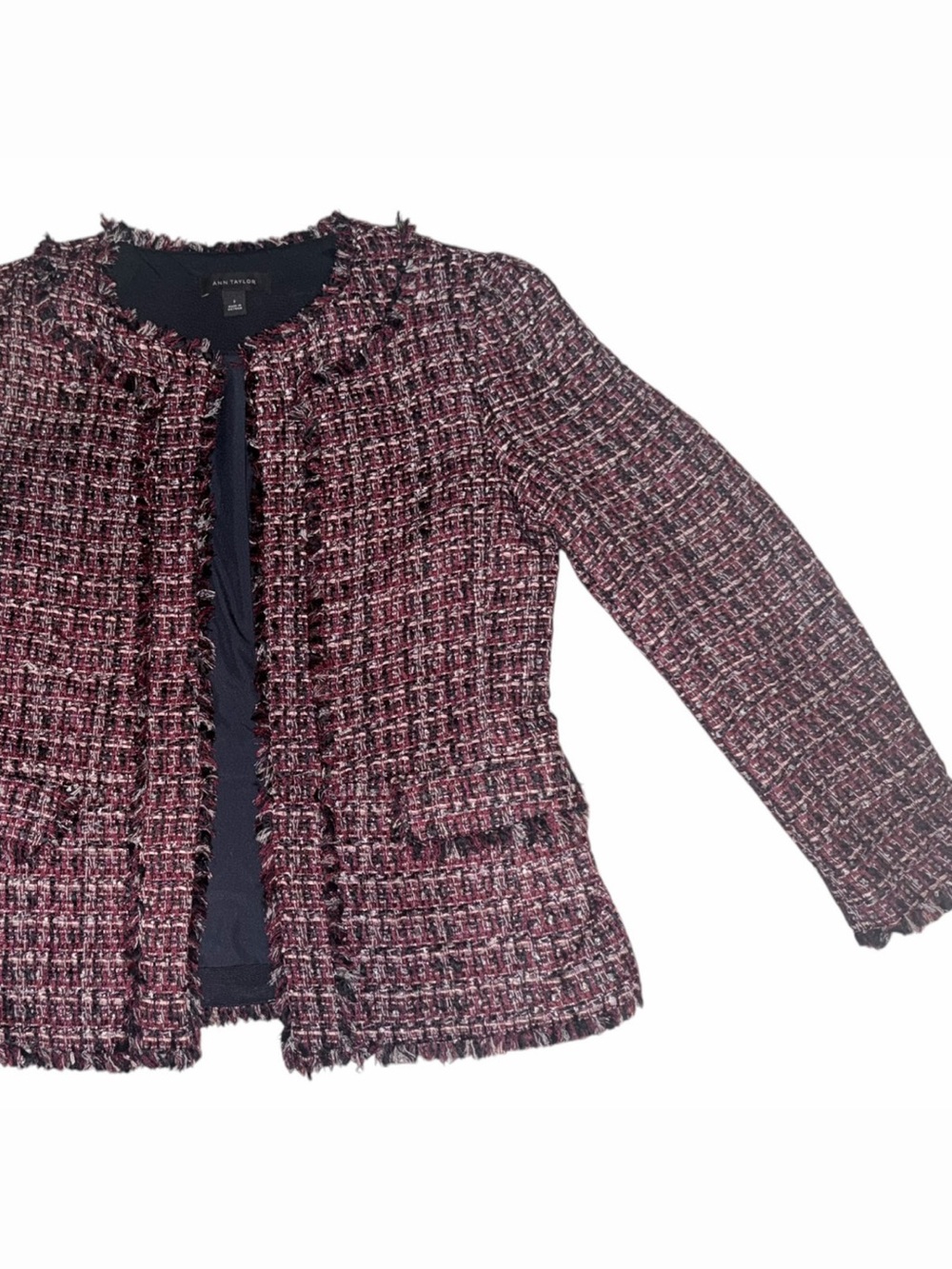 Ann Taylor Burgundy & Navy Tweed Fringed Jacket